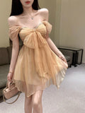 MQTIME  -  Mini Dresses Women Rhinestone Off Shoulder Bow Slim Backless Irregular Solid Backless Party Dress Elegant Ladies Sweet