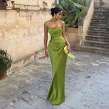 MQTIME  -  Elegant Pleated Satin Birthday Party Maxi Dress with Scarf Ribbon Women Sexy Spaghetti Straps Backless Vacation Long Robe