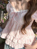  MQTIME  -  Sweet Temperament Flower Print V Neck Puff Sleeve Bow Ruffles Bandage Women Blouse