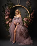 MQTIME  -  Photo Shoot Dusty Pink Tulle Sequin Maternity Dress with Long Train Puff Sleeves Plus Size Open Front Baby Shower Gown