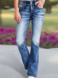  MQTIME  -  Y2k Retro Gothic High Waited Jeans Hot Embroidery Pattern Blue Jeans Woman Hip Micro Horn Baggy Jeans Street Clothing
