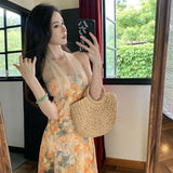 MQTIME  -  Print Floral Vintage Beach Long Dress Women Summer Sleeveless Halter Backless Slim Long Dress Sexy Club Party Birthday Dresses
