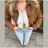 MQTIME  -  Women Brown Suede Leather Jacket Vintage Lapel Single Breasted Long Sleeve Pocket Slim Outerwear Spring Lady Chic Top 2025