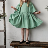  MQTIME  -  Summer Retro Linen Loose Flared Sleeve Dress Girls New Solid Color Cotton And Linen Casual Back Bow Tie Princess Dresses