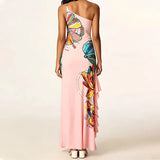 MQTIME  -  Women One‑Shoulder Maxi Dress Abstract Art Print Sleeveless Asymmetrical Ruffle Split Hem Dress Elegant Cocktail Bodycon Dresses