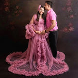 MQTIME  -  Romantic Mesh Ruffles Maternity Evening Dress Sexy See Thru Tulle Pregnancy Dress For Prom Long Robe Photography Gowns