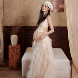  MQTIME  -  French Vintage Maternity Photoshoot Dress 3 Piece Set Flowy Lace Top with Skirt Hat Pregnancy Photo Shoot Outfit Studio Props