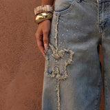 MQTIME  -  Style: Glittering Diamond Embroidered Denim Wide-leg Pants with High Waist for Slimming Effect - Feminine Cool Girl Pants