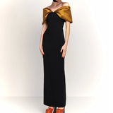 MQTIME  -  Fashion Slim One Shoulder Party Dress Women Sexy Stitching Satin High Waist Silk Dress Elegant Contract Color Long Dress