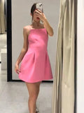MQTIME  -  Halter Waist Cinched Dress One Neck Pink Pleated Fuffy Short Dresses Slim Fit Suspender Dress Women Strap Party Evening Gown