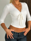 MQTIME  -  Vintage Lace Patchwork V Neck Slim Lace-up French Short  Top Female