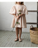  MQTIME  -  Summer Retro Linen Loose Flared Sleeve Dress Girls New Solid Color Cotton And Linen Casual Back Bow Tie Princess Dresses