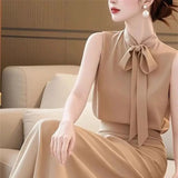 MQTIME  -  Luxury Women's Party Outfit Summer New Elegant Lace Up Sleeveless Top+High Waist A-Line Skirt 2-Piece Set Office Lady Suit 116B