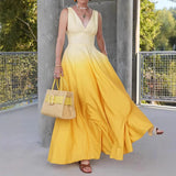 MQTIME  -  Summer New Fashion V-neck Women's Sleeveless Waist Dress Simple Gradient Color Female Vacation Date Long Dresses