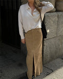 MQTIME  -  Fall Winter Vintage Suede Skirt New Women's Split Brown Long Skirts High Street Office Lady Elegant High Waist Slim Dress