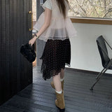 MQTIME  -  Vintage Brown White Polka Dot Chiffon Midi Skirts Women New High Waist Irregular Ruffle Layered Flowy A Line Casual Ankle Skirts