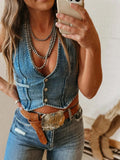 MQTIME  -  Summer Women's Clothing Y2K Tops Sleeveless V Neck Denim Vest For Woman Ultra Short Regular Fit Solid Color Street Style