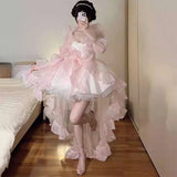 MQTIME  -  Sweet Lolita French Puff Sleeve Lace Bow Ruffle Tiered High Low Hem Tulle Dress Women Girls Graduation Party Evening Formal Wear