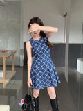MQTIME  -  Vintage Blue Plaid Sleeveless Dress Low Wasit Mini Pleated Dresses for Women Summer Korean Fashion Retro Slim Clothes