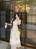 MQTIME  -  Summer French Design Elegant Sundress Women  Sleeves Floral Midi Dress Beach Style Casual Fashion Party Dress Korean