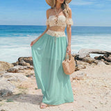MQTIME  -  Simple Solid Bikini Cover Up Outfit Summer Beach Exposed Navel Women's Two Piece Sexy Strapless Top with Long Skirt Holiday Suit