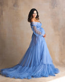 Mqtime Fluffy Blue Ruffle Tulle Maternity Dress for Photoshoot Off Shoulder Pregnancy Photography Dress Maternity Gown Robes with Sash