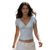 MQTIME  -  Womens Summer Y2k Harajuku Gingham Shirt Puff Short Cap Sleeve Deep V Neck Plaid Print Fashion Slim Fit Crop Tee Tops