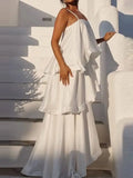 MQTIME  -  Summer Leisure Vacation Long Dress Elegant Sling Layered Satin Party Dress New Ladies Sleeveless Hollow Beach Maxi Dresses