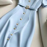 MQTIME  -  Solid Color A-Line Party Dress Summer New Women Peter Pan Collar Golden Single Breasted Slim Office Lady Midi Vestido Robe 837P