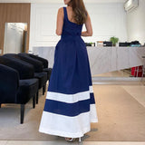 Mqtime Sexy Slim Party Dresses Spring Summer Women Strap Square Collar Blue Long Dress 2024 Elegant Patchwork Contrast Color Maxi Dress