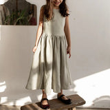 MQTIME  -  Vintage Cotton Linen Girls Sleeveless Dress Chic Open Back Buttons Bandage Bow Sweet Loose Wending Evening Party Dresses