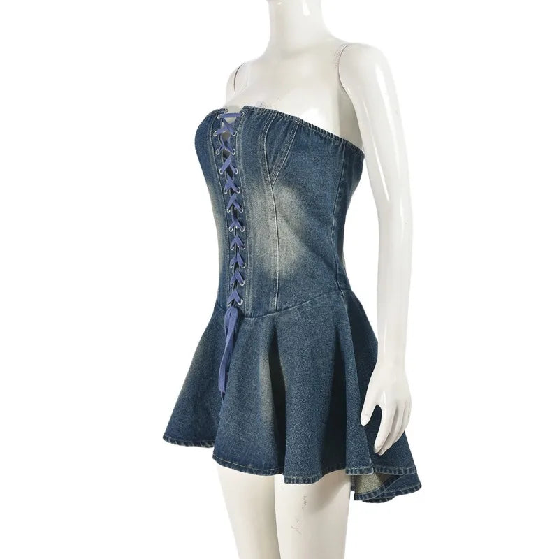 MQTIME - Women Fashion Grommet Lace Up Fit Flare Mini Denim Dress Sexy mqtime MQTIME - Women Fashion Grommet Lace Up Fit Flare Mini Denim Dress Sexy mqtime