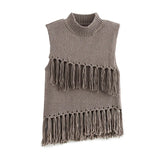 MQTIME  -  Elegant Knitted Sleeveless Tassel Sweater Women Vintage Solid Turtleneck Pullover Sweaters Female Spring Chic Design Street Tops