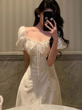 MQTIME  -  Puff Sleeve Evening Party Dress for Women Summer New Elegant Chinese Style Square Collar Lace-up A-line Long Vestidos Mujer