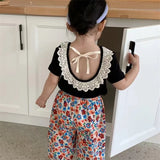MQTIME  -  Girls' T-shirt backless lace short sleeved Top Summer Children's cotton all-match casual Tees
