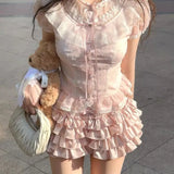 MQTIME  -  Sweet Japanese Summer Spliced O Neck Short Sleeve Thin Shirts Y2k Aesthetic Single Breasted All Match Blouse Cue Korean Tops