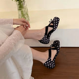 MQTIME  -  Women's Elegant Pink Satin Ballet Shoes Square Toe Cross Strap Polka Dot Bow Mary Jane Shoes Inside Mid Heel Casual Pumps