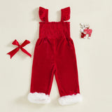 MQTIME  -  Girls Christmas Plaid Ruffle Sleeve Square Neck Smocked Jumpsuit with Bow Detail and Full Length Pants