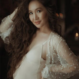 MQTIME  -  Sexy Perspective Pearl Maternity Photography Long Dress Full Sleeve Beading Tulle Long Dress for Pregnant Women Photo Shoot