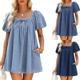 MQTIME  -  Summer New Fashion Square Neck Women Bubble Sleeve Dress Simple Strap Up Elegant Female Denim Short Dresses