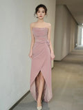 MQTIME  -  Pink Strapless Evening Gown Light Luxury Dress Toasting Attire, Bride Engagement Dress Pink Dress Host Strapless Dress