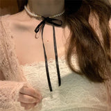 Mqtime Kpop Goth Lolita Y2K Romantic Pearl Beaded Choker Fashion Pink Black Adjustable Bow Necklace Banquet Wedding Jewelry Accessories