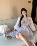 MQTIME  -  Gentle Style Dress High-end Pearl Studded V-neck Ruffled Edge Waist Cinched Short Chiffon Style Midi Vestidos