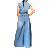MQTIME  -  Washed Denim Jumpsuits Women Fashion Lapel Button High Waist Sleeveless Jumpsuit Streetwear Spring Summer New Female Clothing