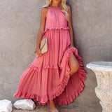 MQTIME  -  Women Boho Solid Color Dress Sleeveless Ruffled Maxi Vestidos Loose Fit Straight Hippie Dresses Layered Princess Robe