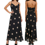 MQTIME  -  Women Y2k Polka Dot Ruffle Trim V-Neck Cami Long Dress Spaghetti Strap Tied Backless Sheer Mesh Maxi Aline Slip Dress