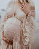 MQTIME  -  Lace Ruffle Maternity Photography Props Long Maxi Dresses Baby Shower Pregnancy Photo Shoot V Neck Chiffon Bridal Gown Wedding