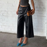  MQTIME  -  Women's Black Faux Leather Wide Leg Culotte Pants Low Waisted With Drawstring Punk Loose Fit Autumn Winter Streetwear Style Chic