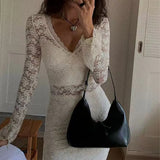  MQTIME  -  Sexy V-neck Long Sleeve Lace Patchwork Dress Women Elegant Double-layer Stretchy Party Club Evening Dress Wedding Outfit
