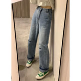 Mqtime Women jeans straight leg plus size loose floor length pants High waist casual straight leg women vintage commuter denim trousers